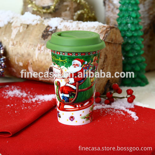 12OZ Christmas Double Wall Ceramic Mug with Silicone Lid